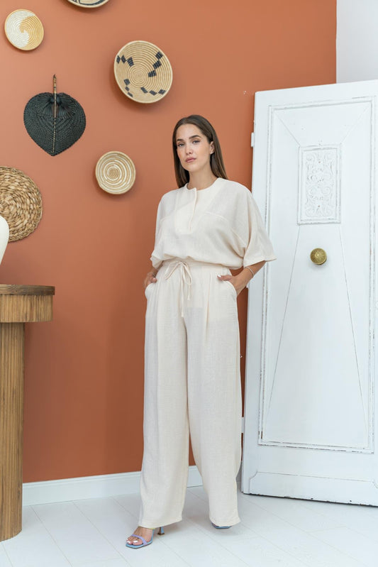 V-Neck Suit - Beige Linen