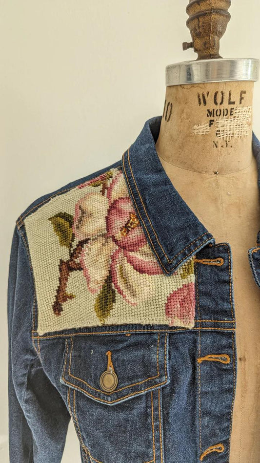 Upcycled Jean Jacket with Vintage Needlepoint Size S/XS