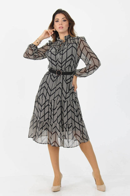 Frilly Patterned Chiffon Dress With Belt