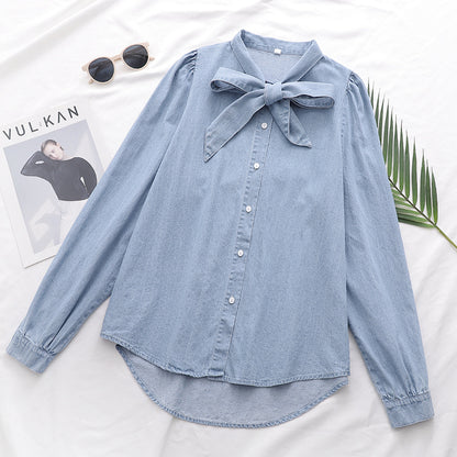 Bow Tie Collar Denim Cotton  Blouse