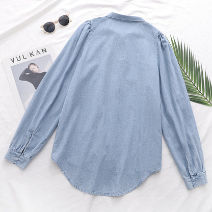 Bow Tie Collar Denim Cotton  Blouse