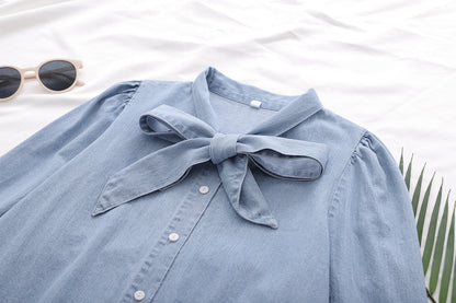 Bow Tie Collar Denim Cotton  Blouse